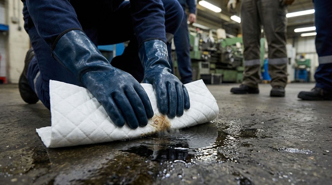 A worker using an absorbent pad to clean up a small oil spill.