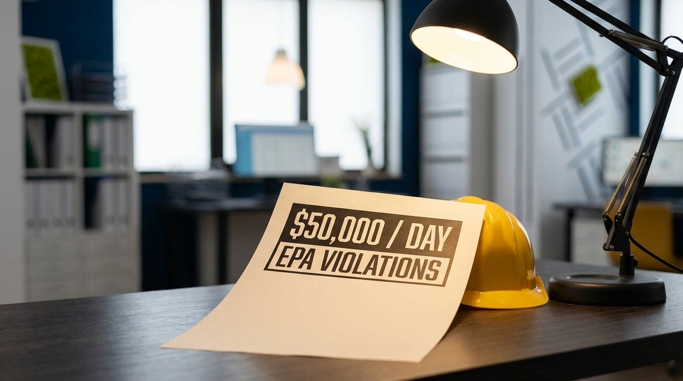 A warning graphic displaying the text $50,000 / Day regarding EPA fines.
