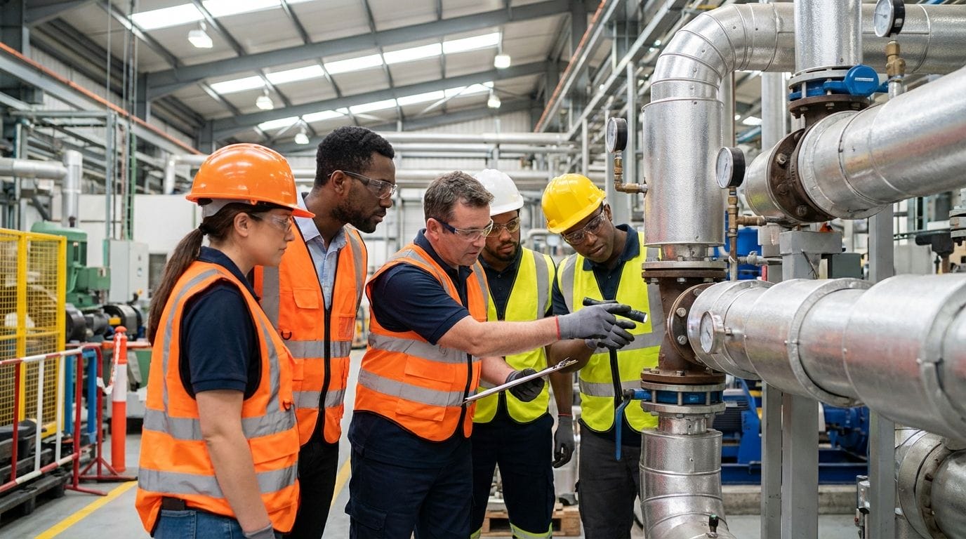 A team of maintenance workers inspecting industrial valves for leaks.