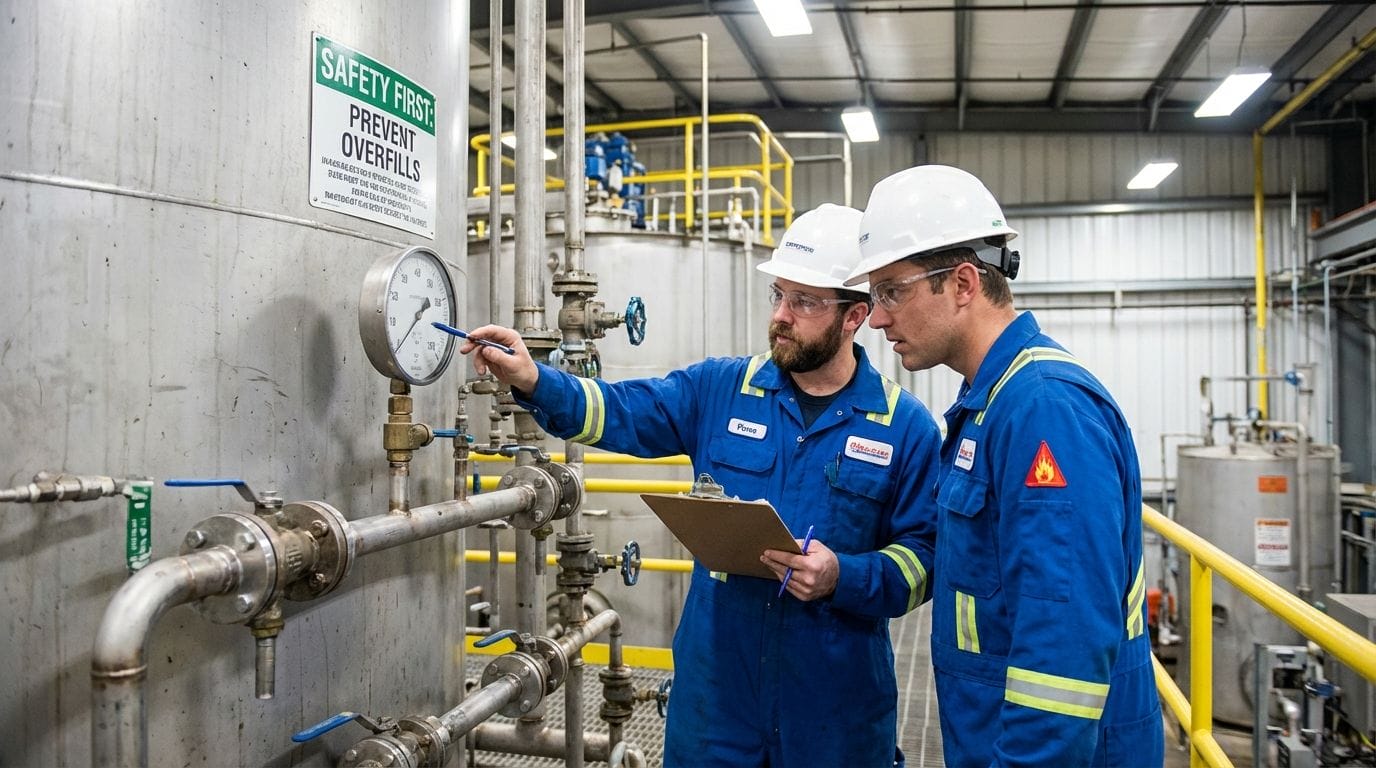 A supervisor guiding a worker on how to check tank levels to prevent overfilling.