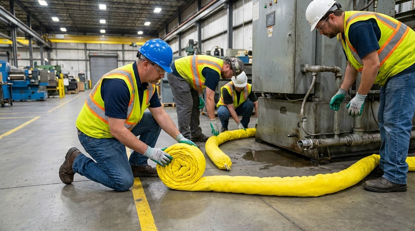 A response team placing a yellow spill containment boom on a factory floor.