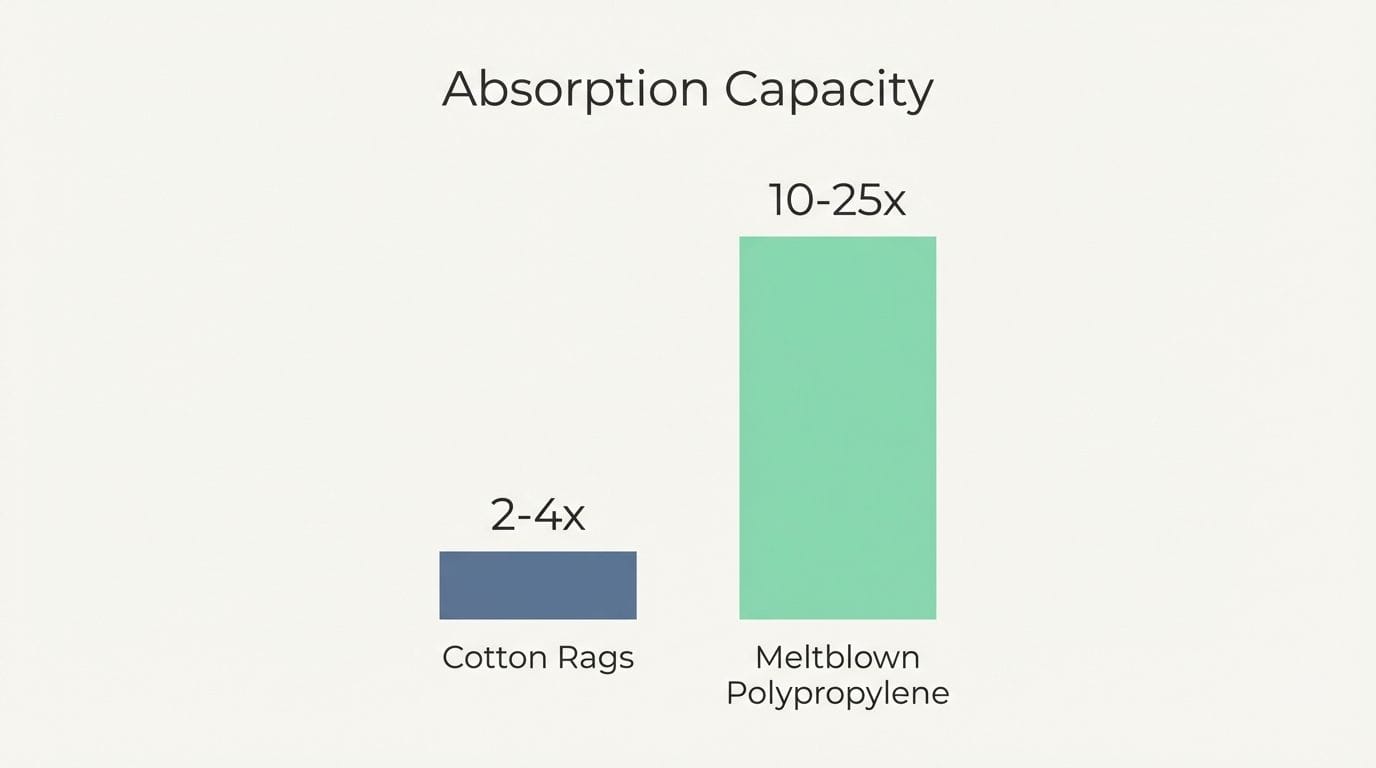 Bar chart comparing absorption capacity of Cotton Rags vs Meltblown Polypropylene.