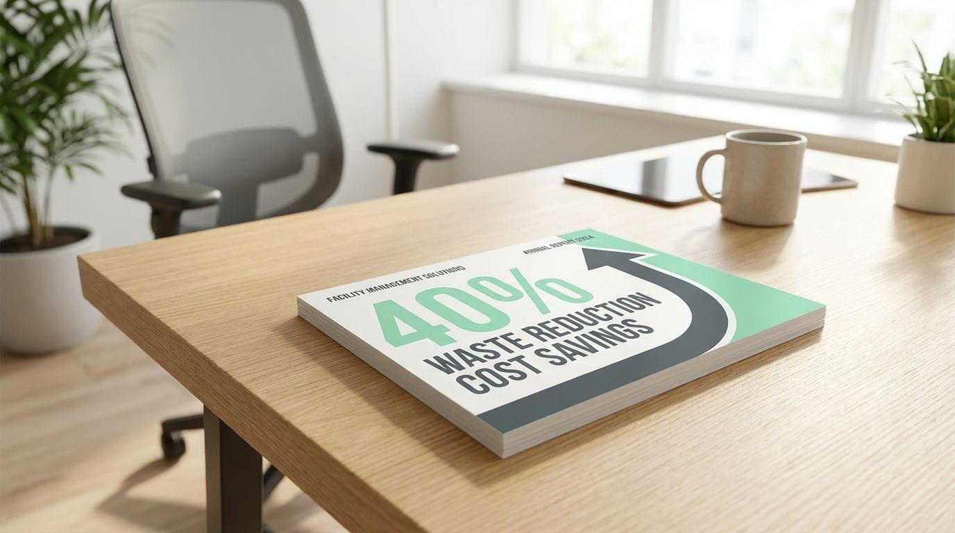 Infographic displayed on an office desk showing 40% savings in waste disposal costs.