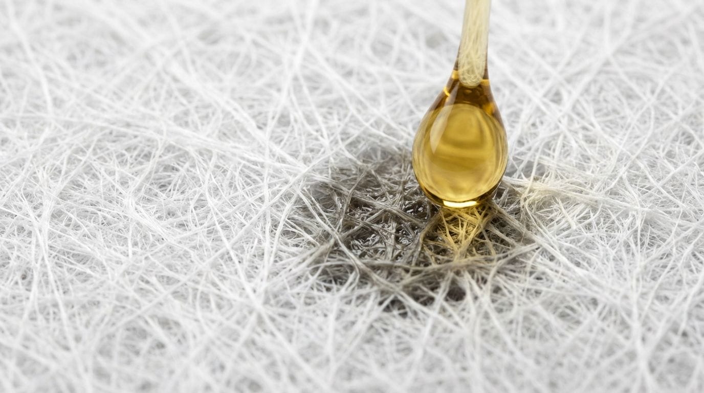 Macro close-up of meltblown polypropylene wipe texture absorbing oil.
