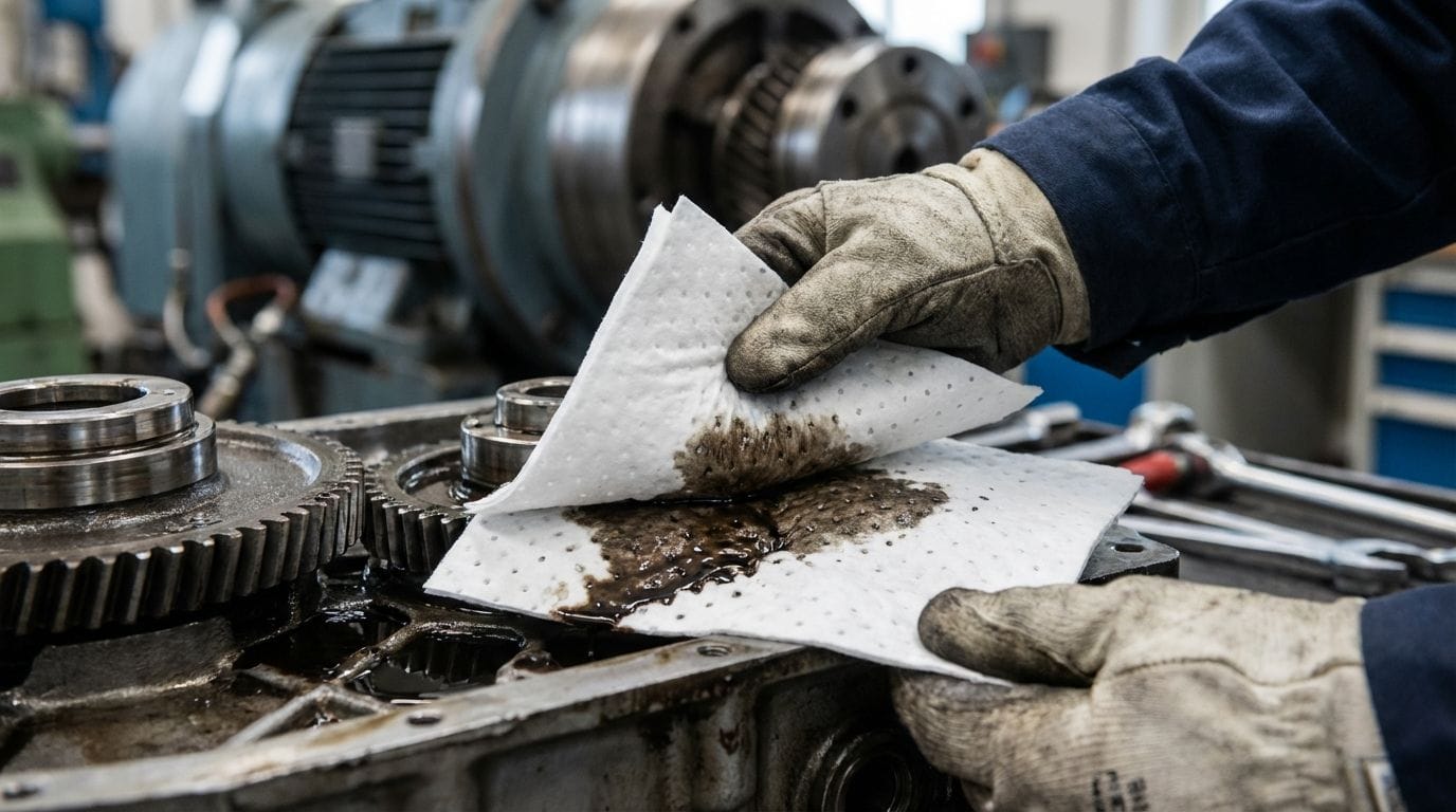 Close-up of a worker's gloved hands using a white absorbent pad to clean oil from machinery.